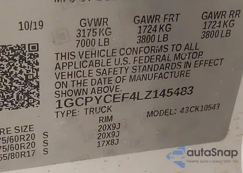 2020 Chevrolet Silverado 1500 4Wd Short Bed Custom Trail Boss z USA, uszkodzony, nr VIN 1GCPYCEF4LZ145483